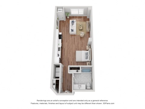 Studio Apartment at 766 sq Ft. From the entry door, to the left is a closet and kitchen, followed by the living area and a large window. From the entry door, to the right is the bathroom, followed by the sleeping area, a small storage nook, and the living space.